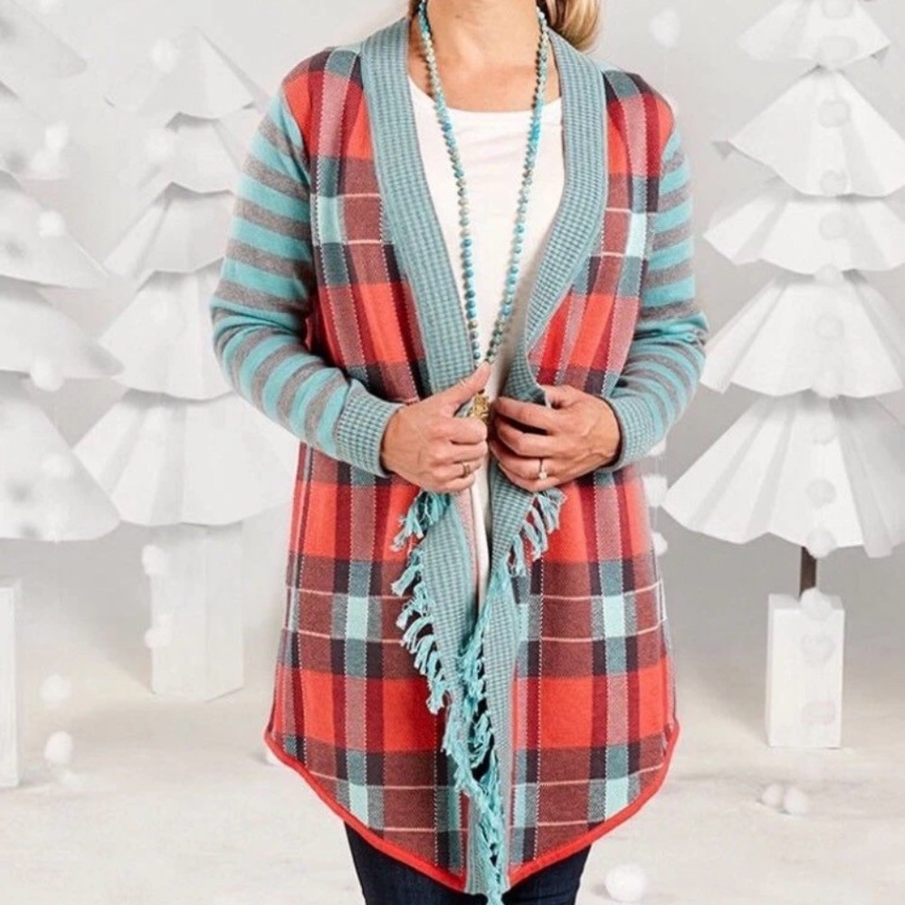 Matilda Jane Steadfast
Sweater Vibrant Plaid Open Cardigan Fringe Trim Large
